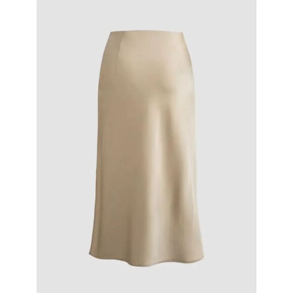 Commense Creamy Cappuccino Satin Midi Skirt with Side Slit Flowy A-Line Design L